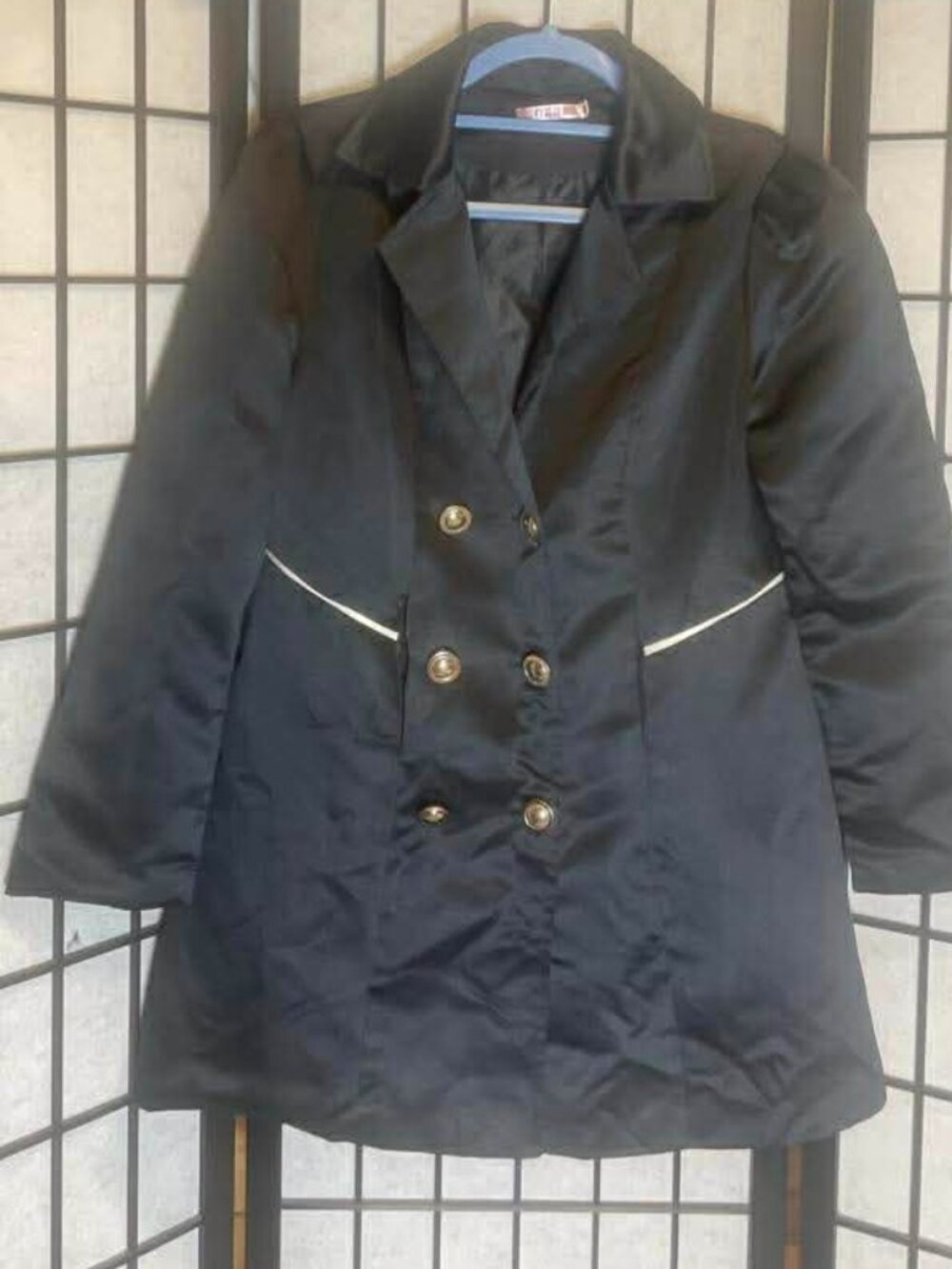 EUC Asian Brand Black Satin Trench Coat size Large